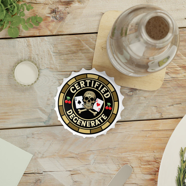 Certified Degenerate Bottle Opener — Novelty DDG Bar Tool for Gamblers & Party Gifts