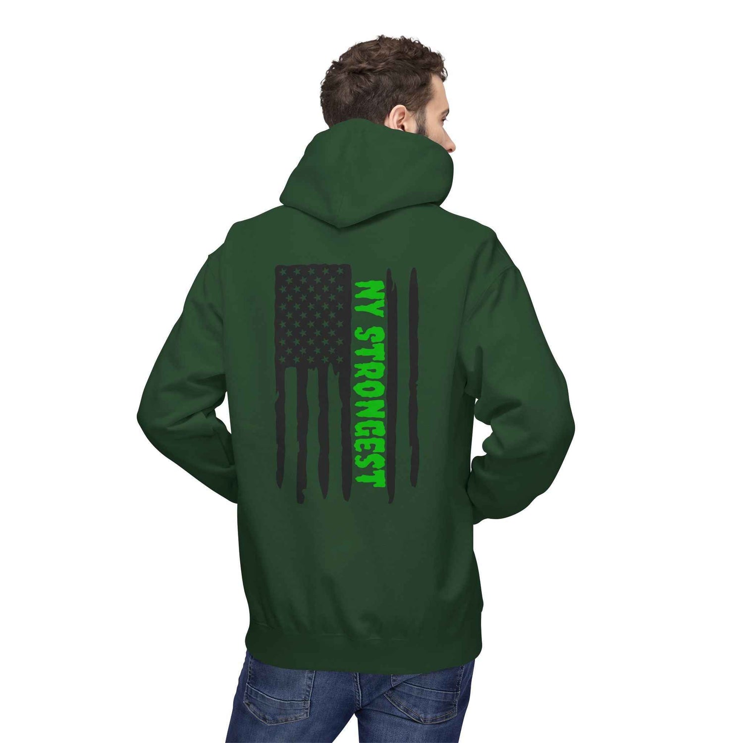 Personalized NY Strongest Green Stripe American Flag Fleece Hoodie with Sanitation Worker Badge