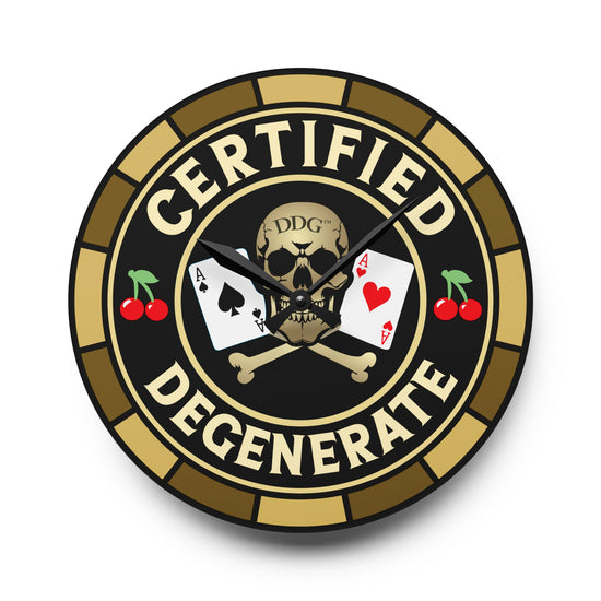 Certified Degenerate Poker Acrylic Wall Clock — Casino Skull & Cards Decor