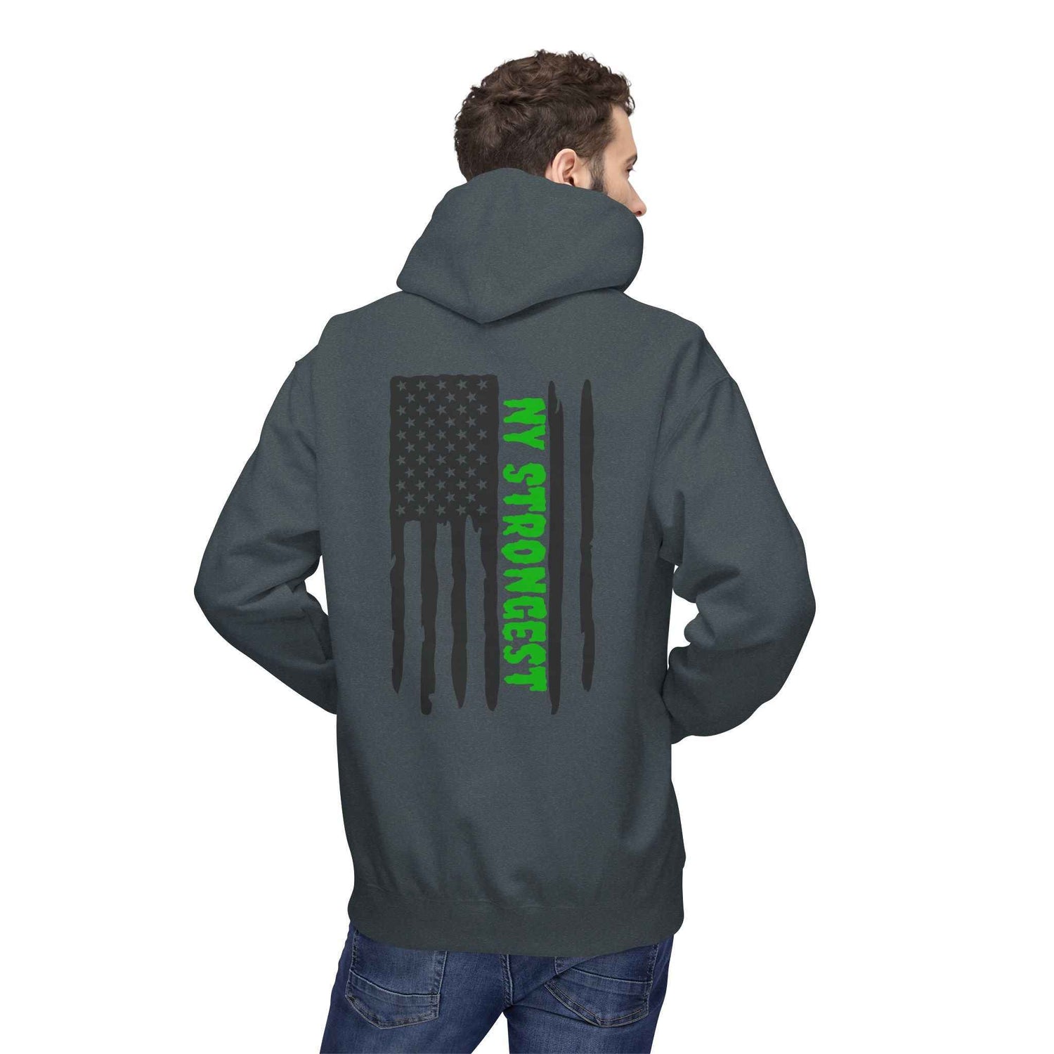 Personalized NY Strongest Green Stripe American Flag Fleece Hoodie with Sanitation Worker Badge