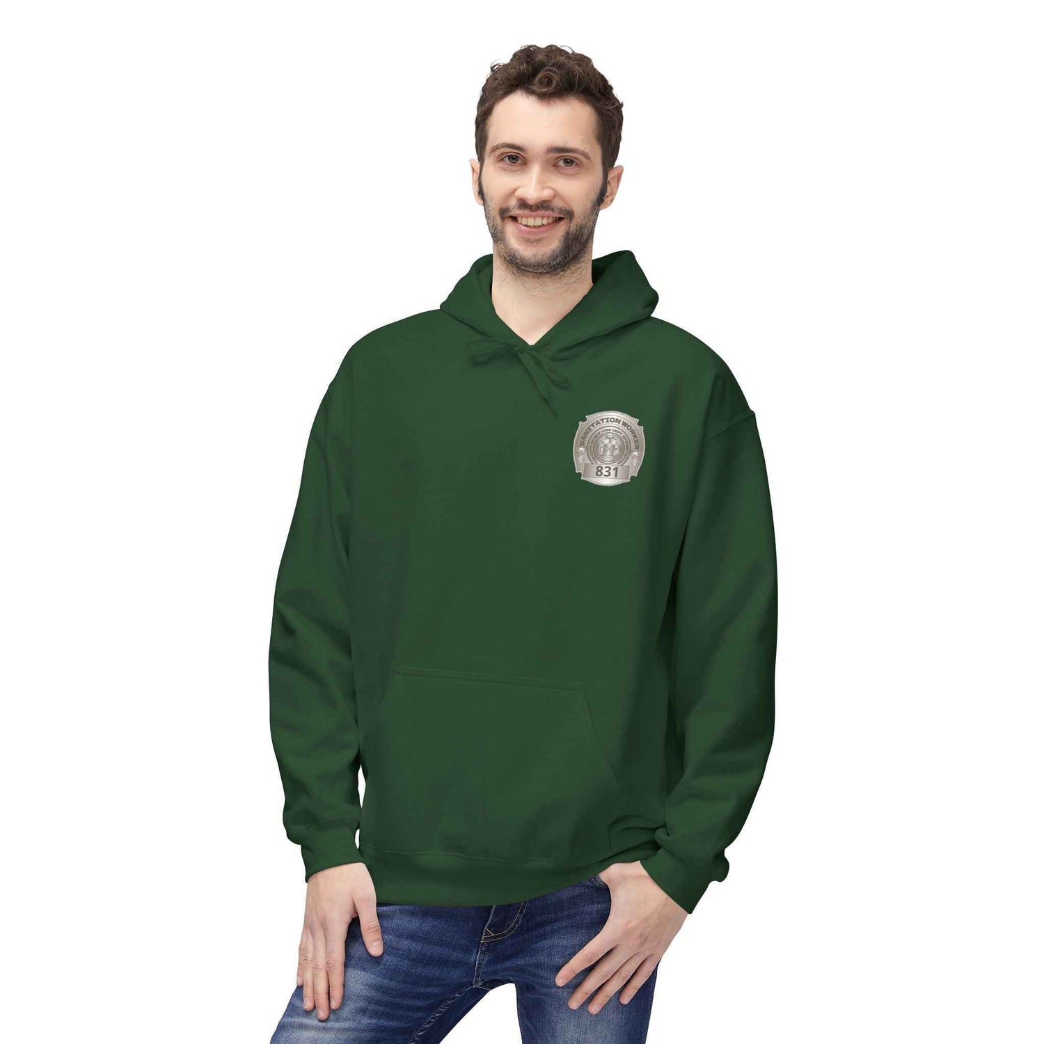 Personalized NY Strongest Green Stripe American Flag Fleece Hoodie with Sanitation Worker Badge