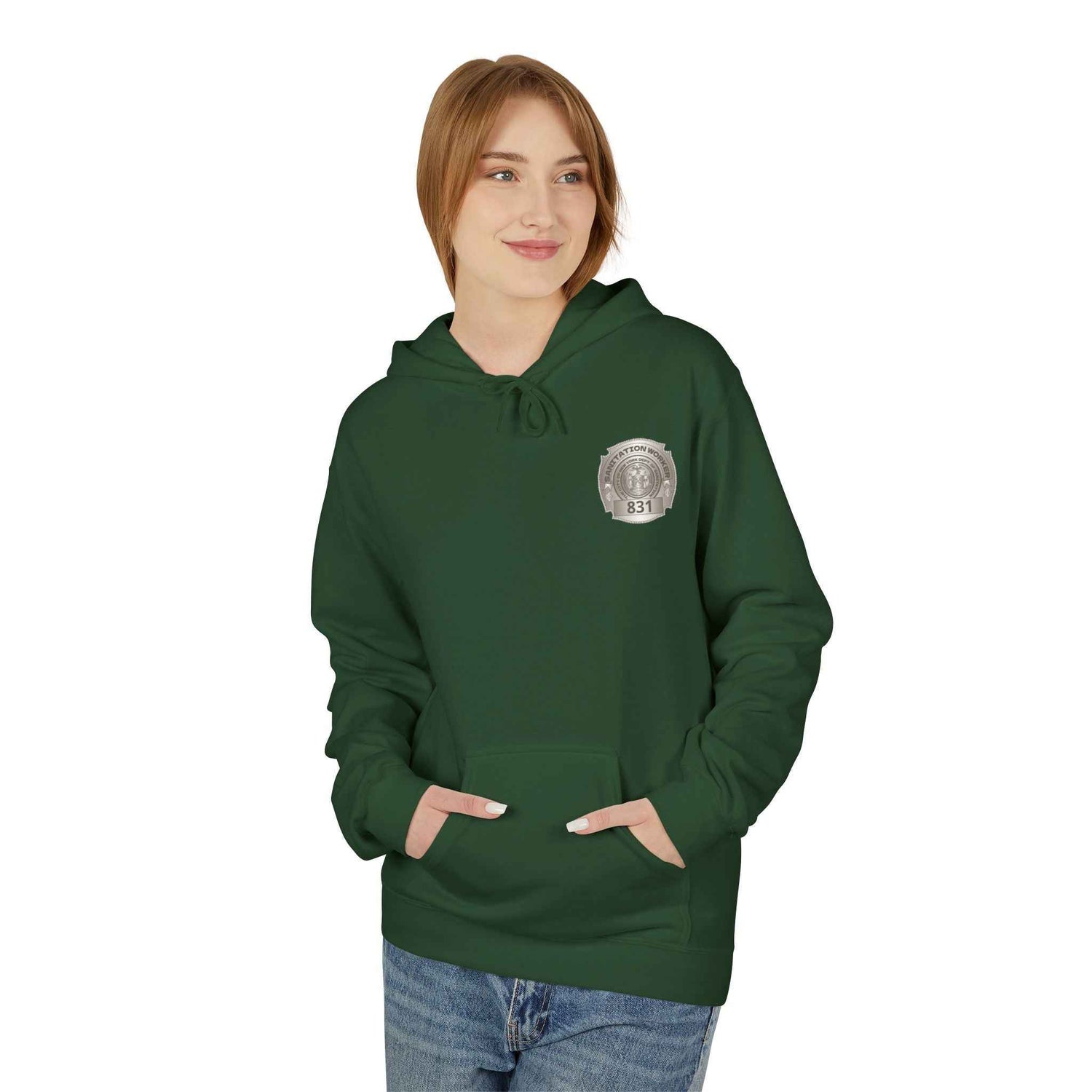 Personalized NY Strongest Green Stripe American Flag Fleece Hoodie with Sanitation Worker Badge