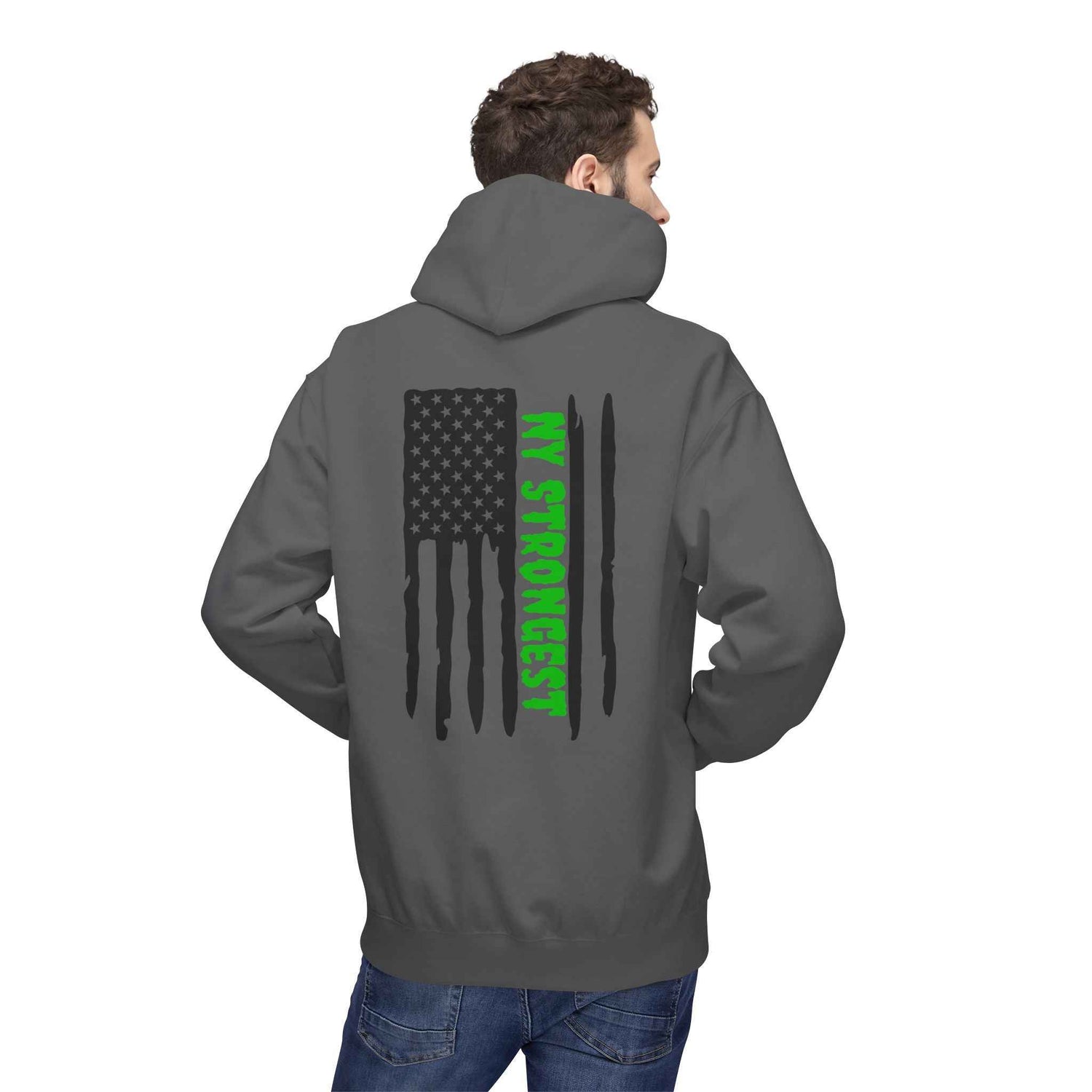 Personalized NY Strongest Green Stripe American Flag Fleece Hoodie with Sanitation Worker Badge