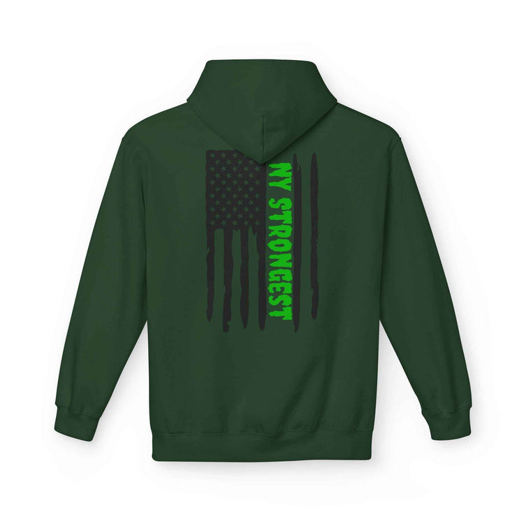 Personalized NY Strongest Green Stripe American Flag Fleece Hoodie with Sanitation Worker Badge