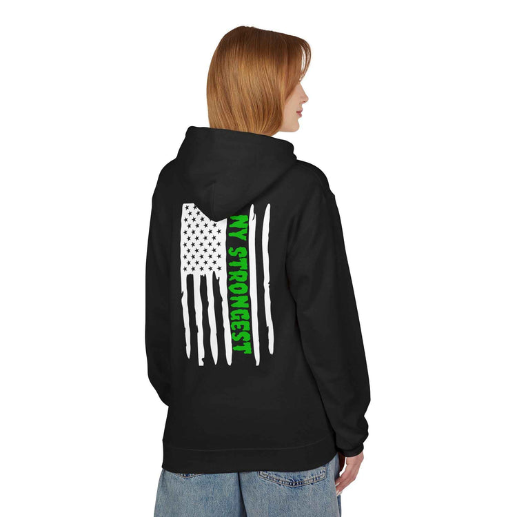 Personalized NY Strongest Green Stripe American Flag Fleece Hoodie with Sanitation Worker Badge