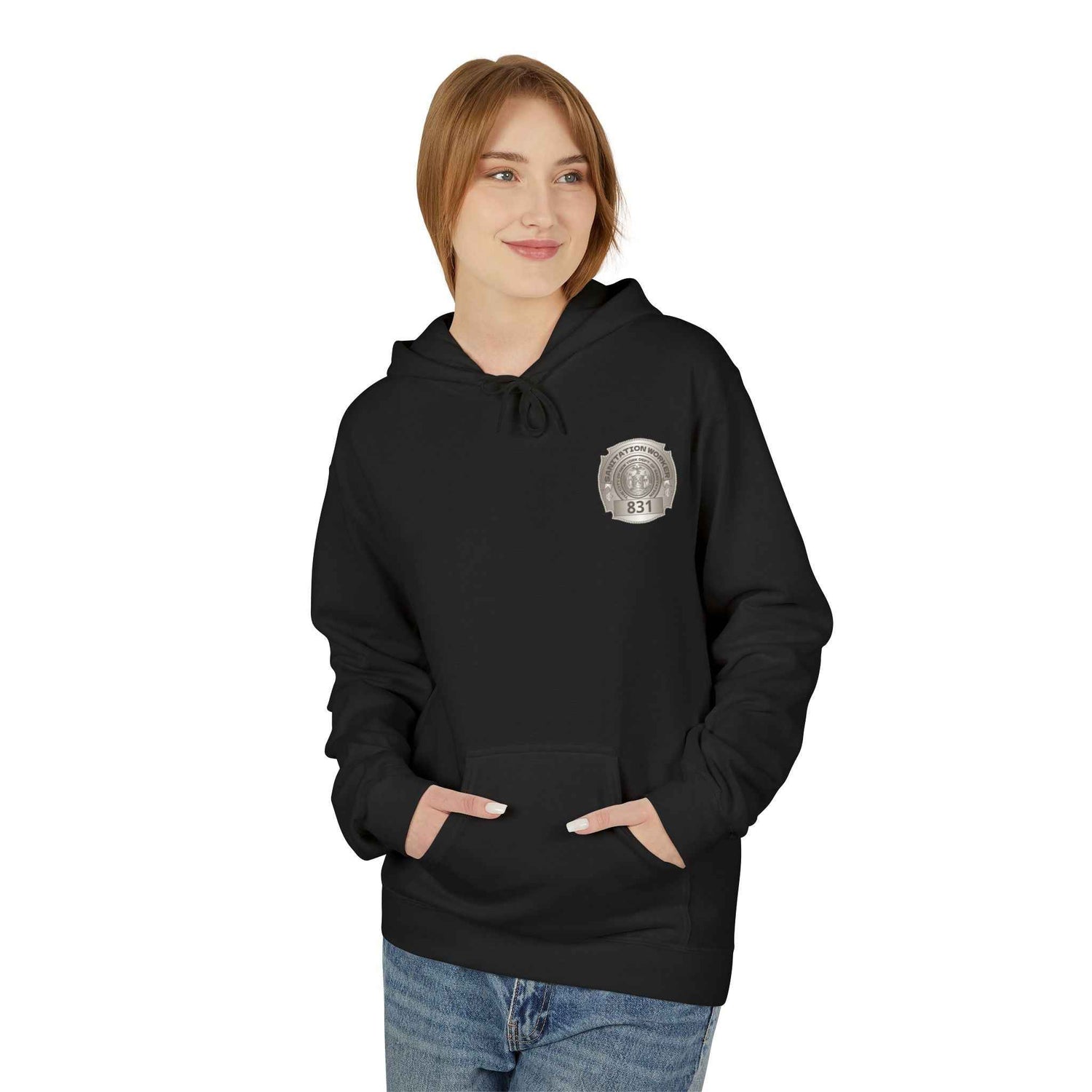 Personalized NY Strongest Green Stripe American Flag Fleece Hoodie with Sanitation Worker Badge