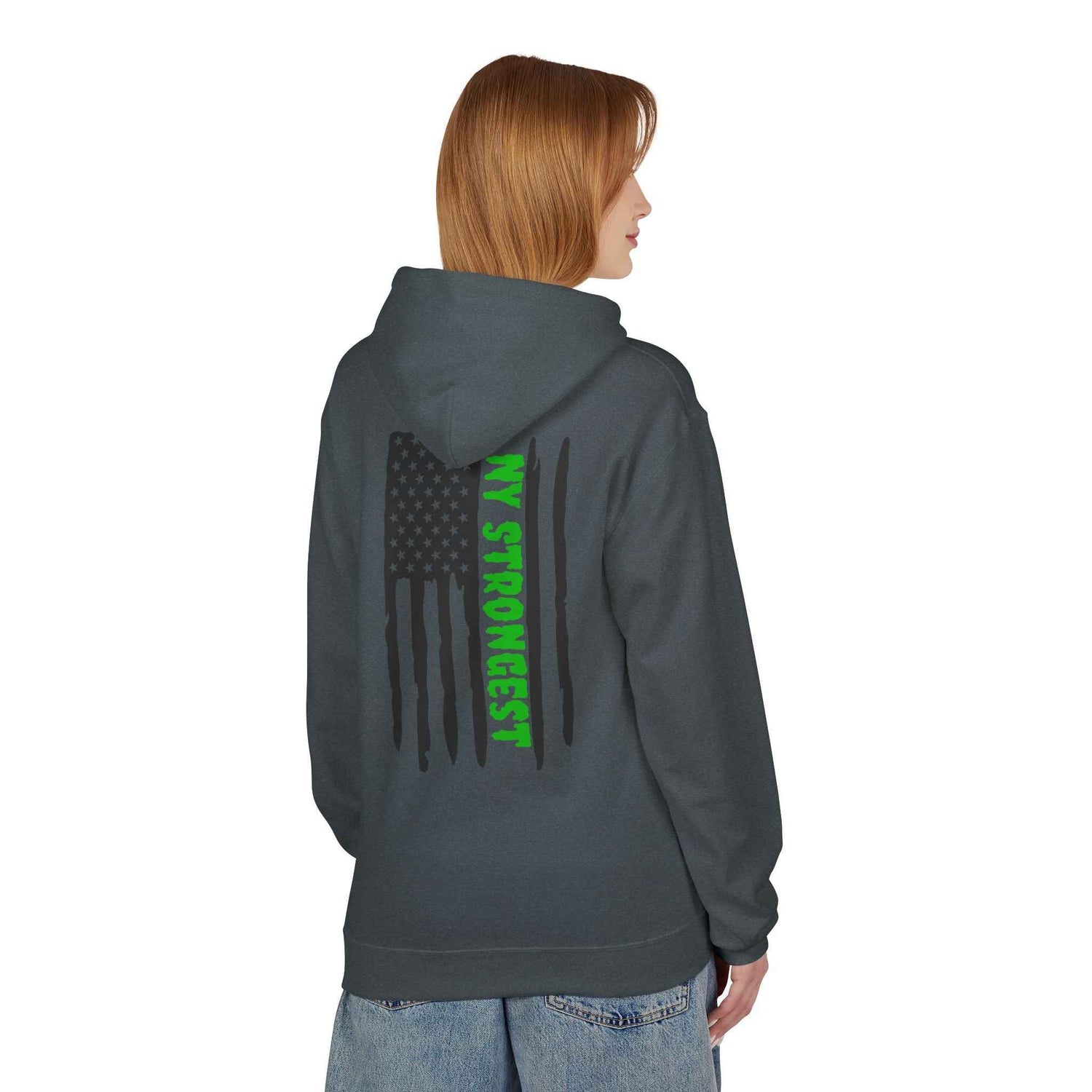 Personalized NY Strongest Green Stripe American Flag Fleece Hoodie with Sanitation Worker Badge