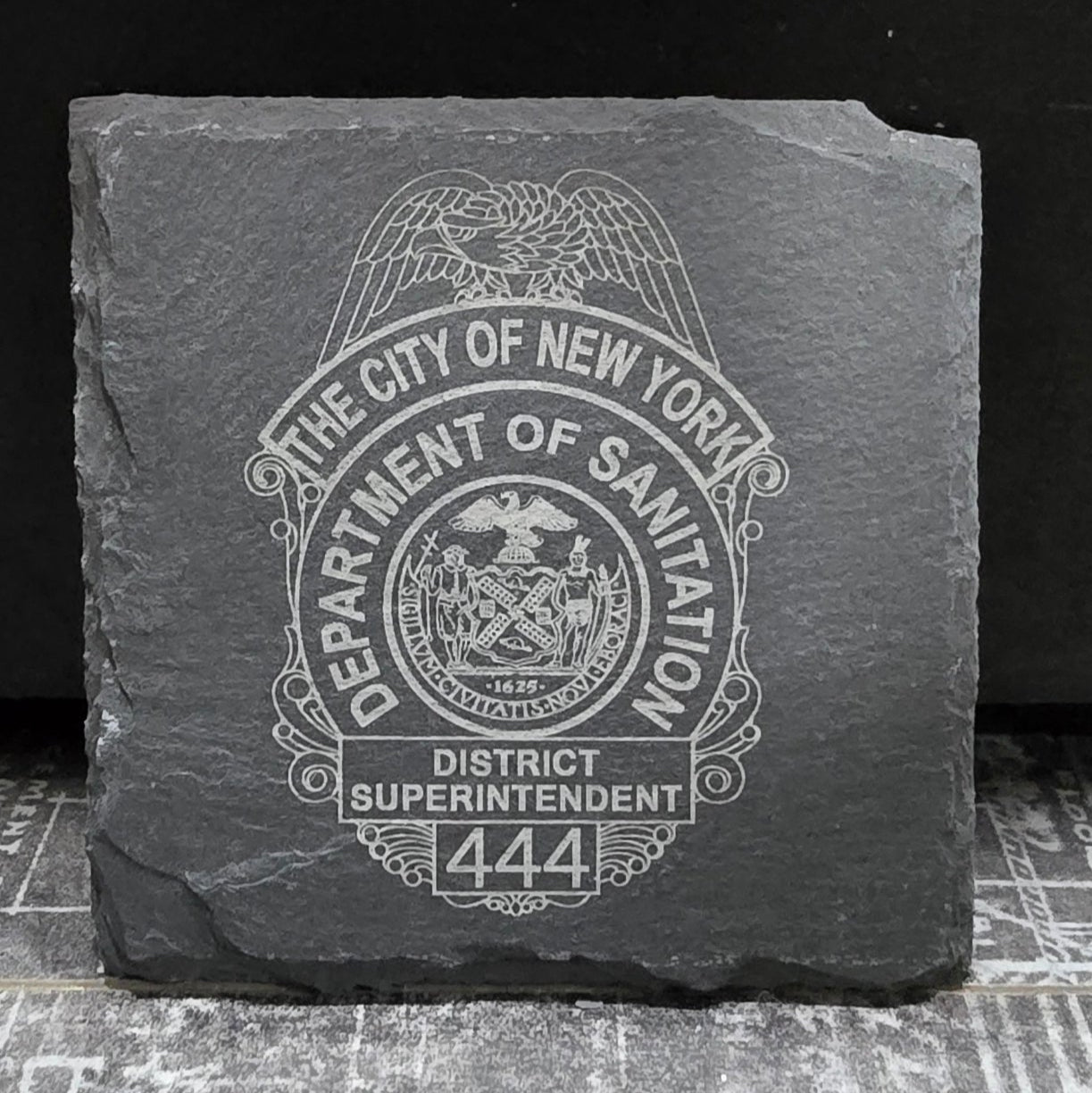 NYC sanitation superintendent gift – engraved DSNY badge slate coaster set of four