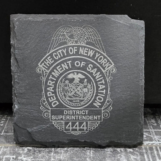 NYC sanitation superintendent gift – engraved DSNY badge slate coaster set of four