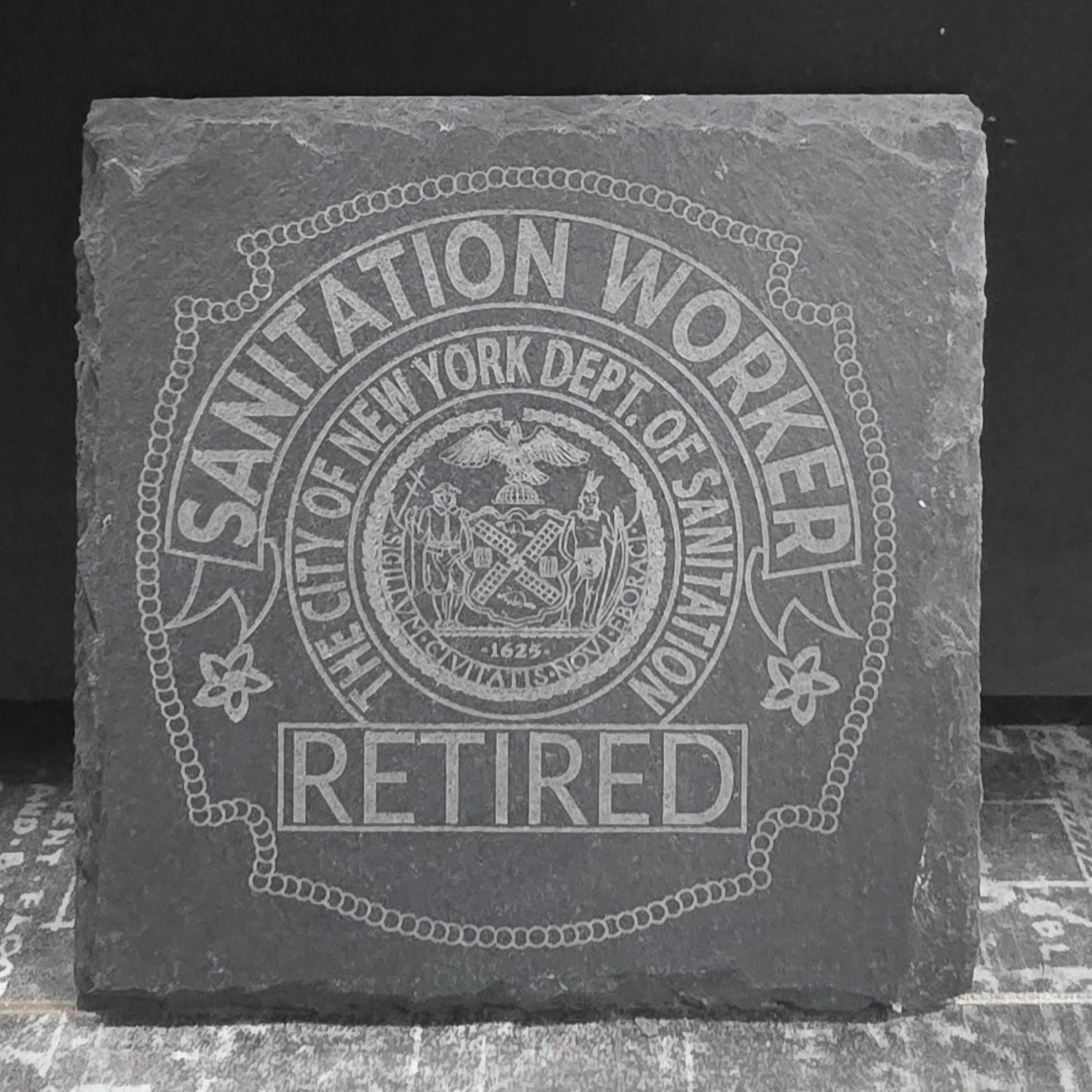 NYC sanitation worker gift – engraved DSNY badge slate coaster set of four