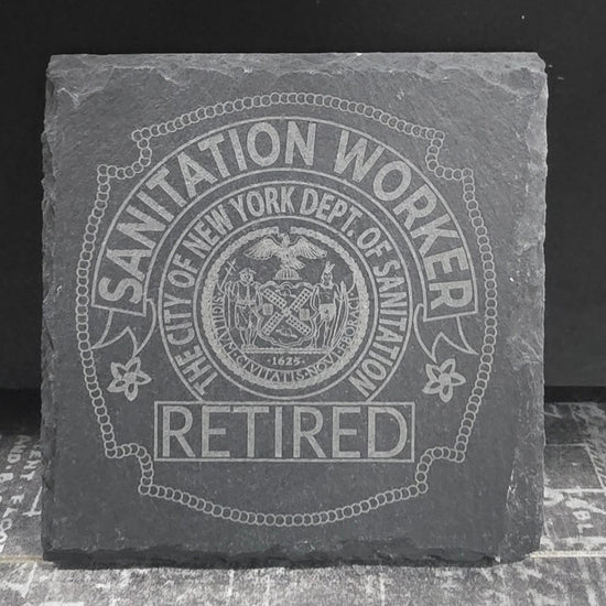 NYC sanitation worker gift – engraved DSNY badge slate coaster set of four