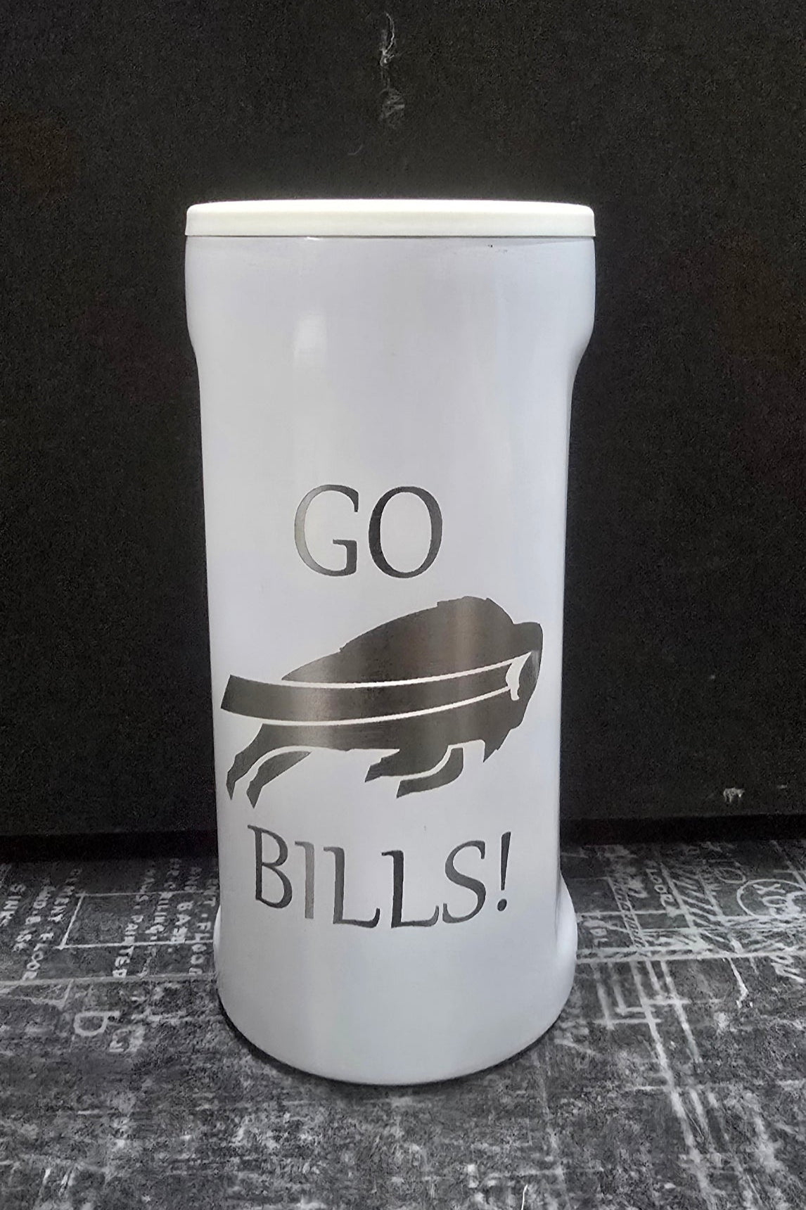 White slim koozie cup with 'Go Bills!' text and logo